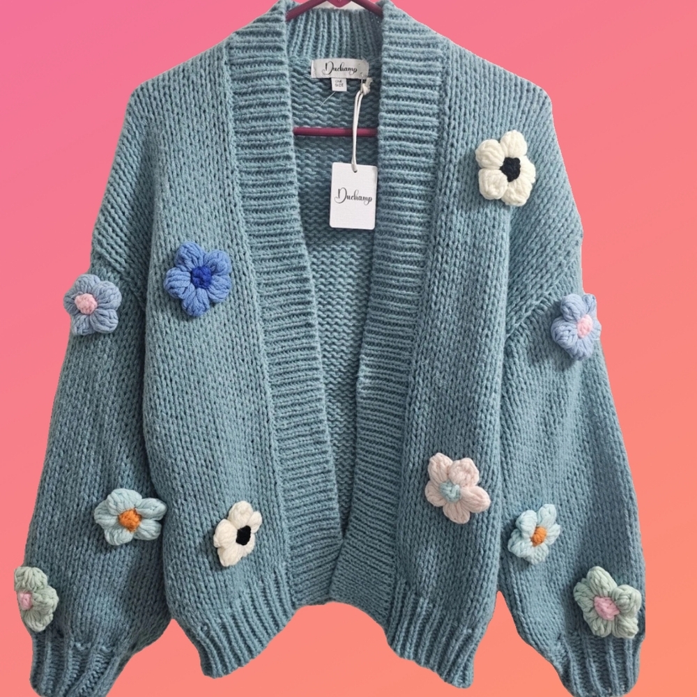 Duchamp 3D Flower Color Azure Light Blue Chunky Knit Cardigan Sweater ONE SIZE M